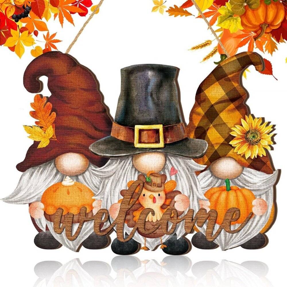 Thanksgiving Welcome Door Sign Harvest Turkey Gnome Wreaths Fall Hanging Sign Wo